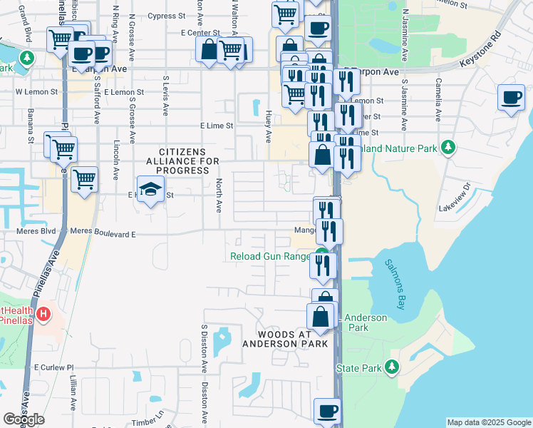 map of restaurants, bars, coffee shops, grocery stores, and more near 74 Rachel Drive in Tarpon Springs