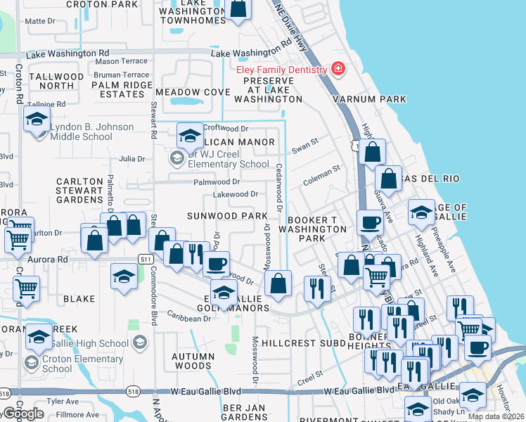 map of restaurants, bars, coffee shops, grocery stores, and more near 1932 Mosswood Drive in Melbourne