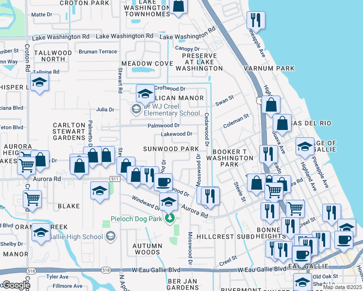 map of restaurants, bars, coffee shops, grocery stores, and more near 1323 Hollywood Drive in Melbourne