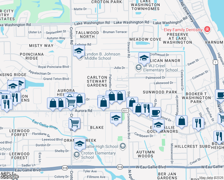 map of restaurants, bars, coffee shops, grocery stores, and more near 530 Palmetto Drive in Melbourne