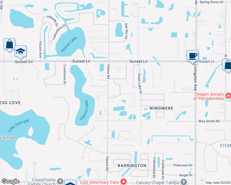 map of restaurants, bars, coffee shops, grocery stores, and more near 18303 Groveside Place in Lutz