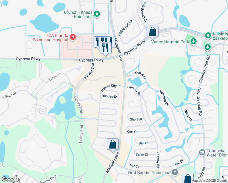 map of restaurants, bars, coffee shops, grocery stores, and more near 326 Dundee Drive in Poinciana