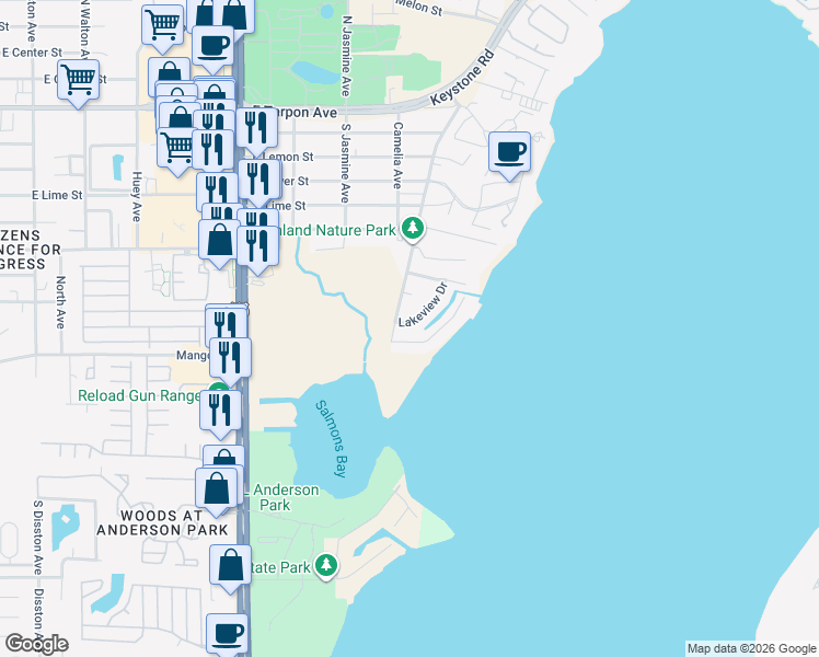map of restaurants, bars, coffee shops, grocery stores, and more near 1456 Lakeview Drive in Tarpon Springs