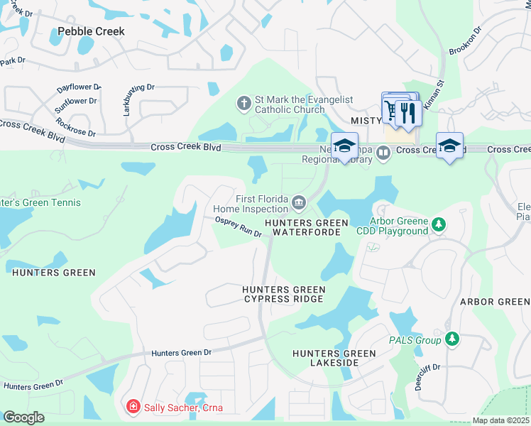 map of restaurants, bars, coffee shops, grocery stores, and more near 18106 Courtney Breeze Drive in Tampa