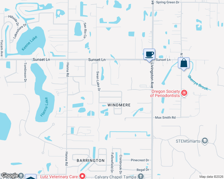 map of restaurants, bars, coffee shops, grocery stores, and more near 2316 Windsor Oaks Avenue in Lutz