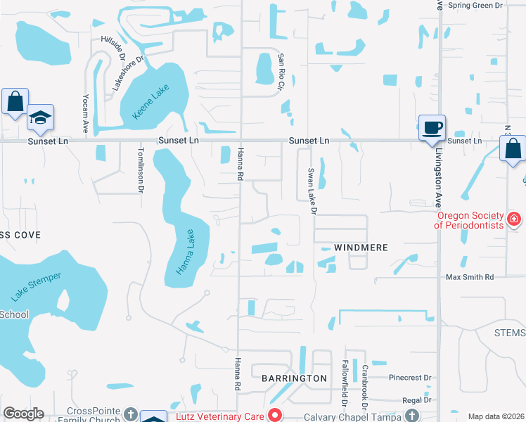 map of restaurants, bars, coffee shops, grocery stores, and more near 18303 Groveside Place in Lutz
