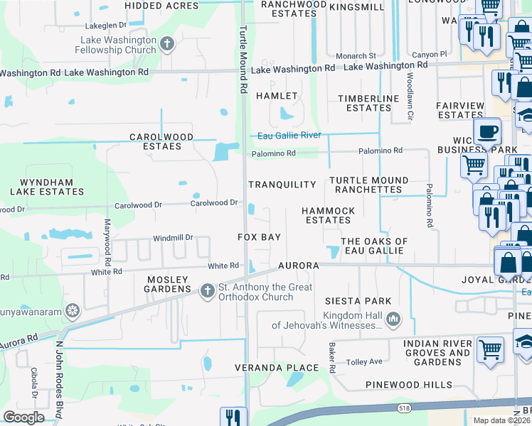 map of restaurants, bars, coffee shops, grocery stores, and more near 1880 Fox Bay Drive in Melbourne