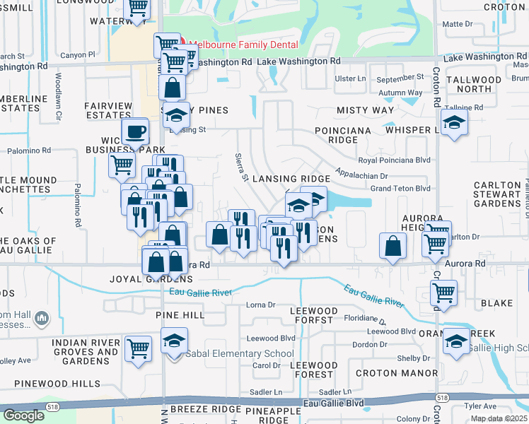 map of restaurants, bars, coffee shops, grocery stores, and more near 2000 Sierra Street in Melbourne