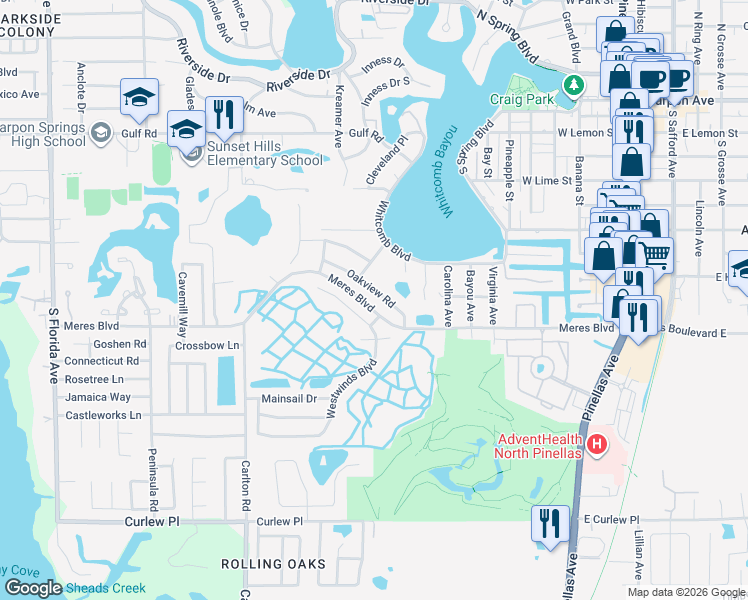 map of restaurants, bars, coffee shops, grocery stores, and more near 920 Oakview Road in Tarpon Springs