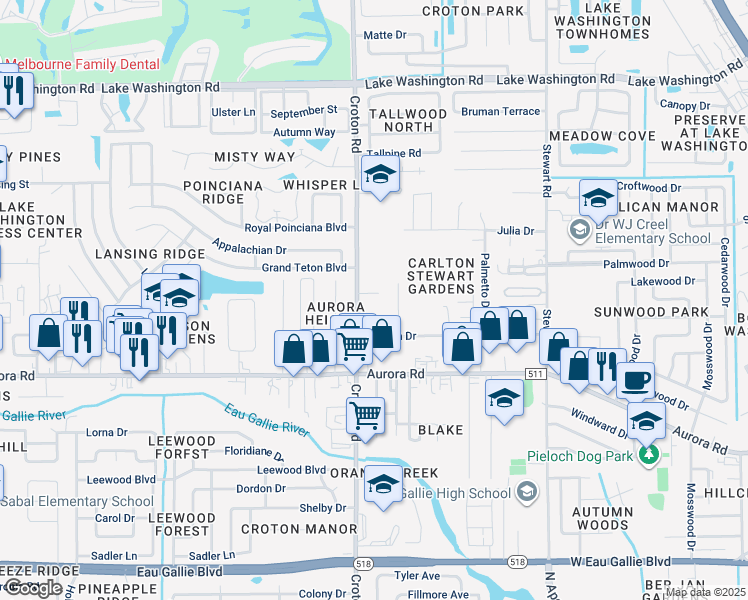 map of restaurants, bars, coffee shops, grocery stores, and more near 1942 Croton Road in Melbourne