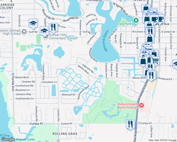 map of restaurants, bars, coffee shops, grocery stores, and more near 920 Oakview Road in Tarpon Springs