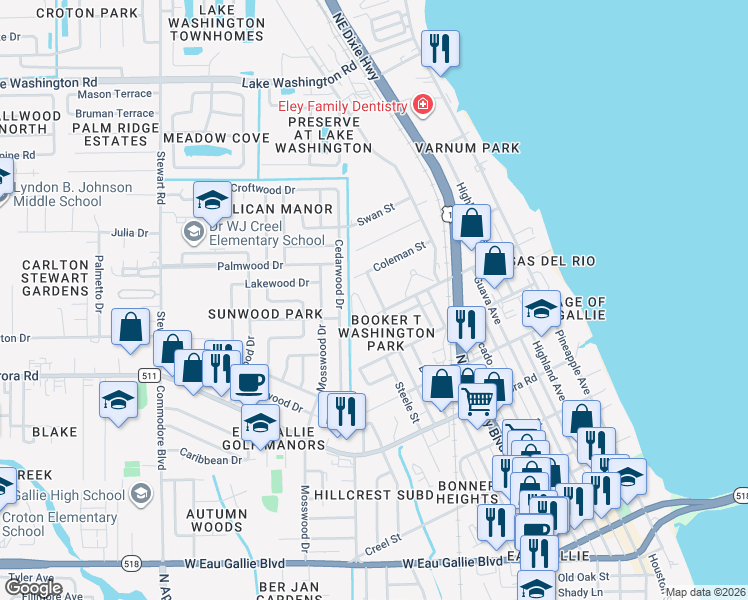 map of restaurants, bars, coffee shops, grocery stores, and more near 1079 Masterson Street in Melbourne