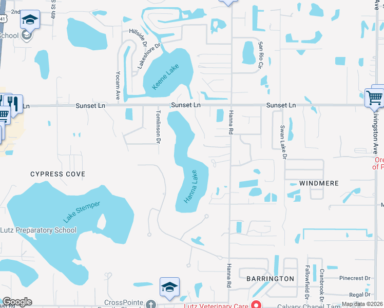 map of restaurants, bars, coffee shops, grocery stores, and more near 18302 Hanna Road in Lutz