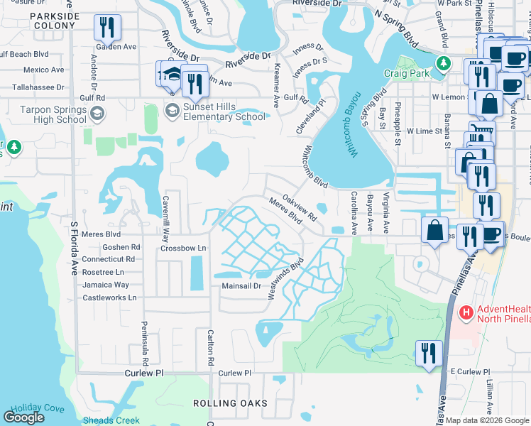 map of restaurants, bars, coffee shops, grocery stores, and more near 718 Lighthouse Drive in Tarpon Springs