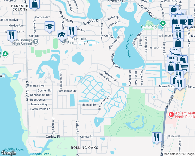 map of restaurants, bars, coffee shops, grocery stores, and more near 718 Lighthouse Drive in Tarpon Springs