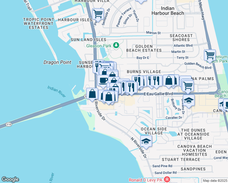 map of restaurants, bars, coffee shops, grocery stores, and more near 249 East Eau Gallie Boulevard in Melbourne