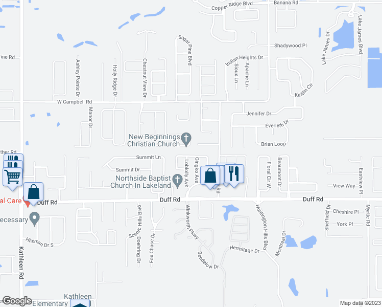 map of restaurants, bars, coffee shops, grocery stores, and more near 7477 Jessamine Drive in Lakeland