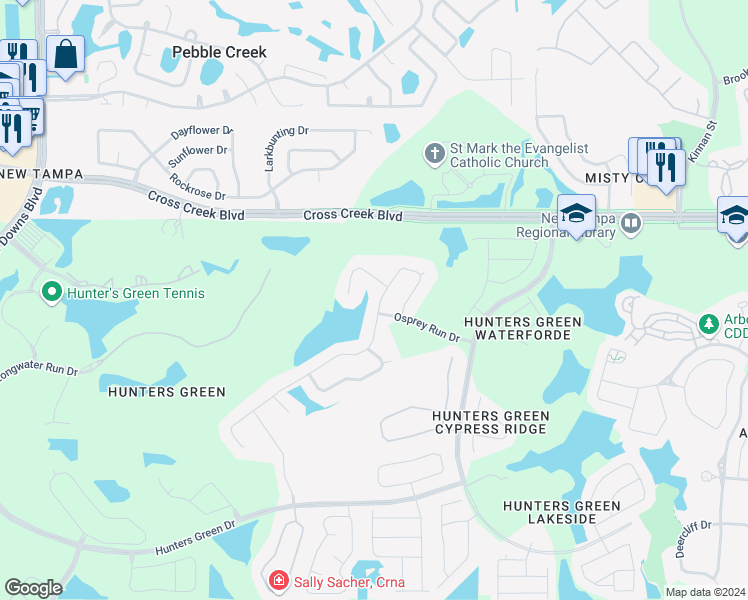 map of restaurants, bars, coffee shops, grocery stores, and more near 9174 Highland Ridge Way in Tampa