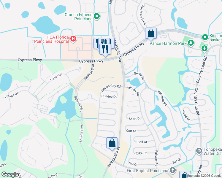 map of restaurants, bars, coffee shops, grocery stores, and more near 311 Dundee Drive in Kissimmee