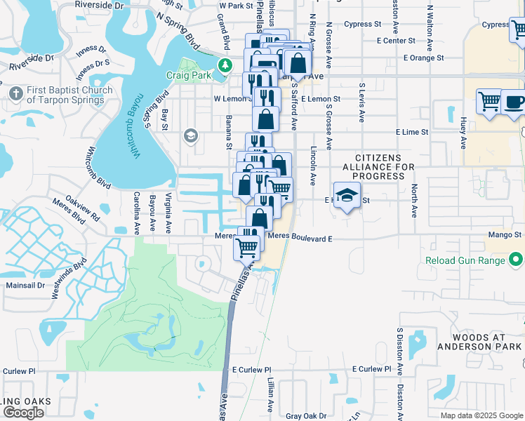 map of restaurants, bars, coffee shops, grocery stores, and more near 955 South Pinellas Avenue in Tarpon Springs