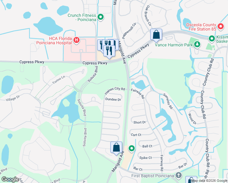 map of restaurants, bars, coffee shops, grocery stores, and more near 326 Dundee Drive in Poinciana