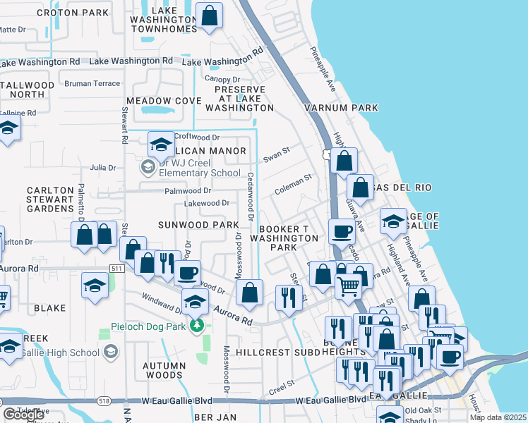 map of restaurants, bars, coffee shops, grocery stores, and more near 1990 Irene Summerford Way in Melbourne