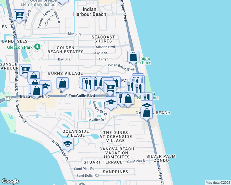 map of restaurants, bars, coffee shops, grocery stores, and more near 920 East Eau Gallie Boulevard in Satellite Beach