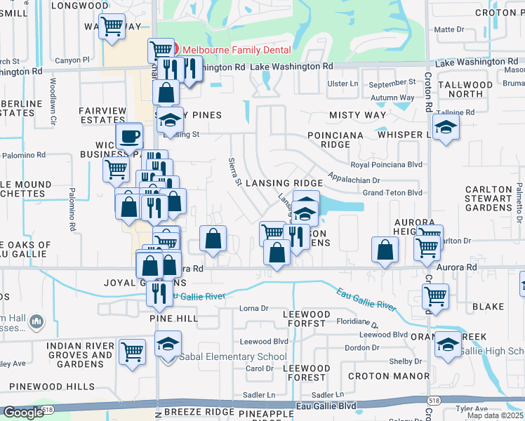 map of restaurants, bars, coffee shops, grocery stores, and more near 2000 Sierra Street in Melbourne