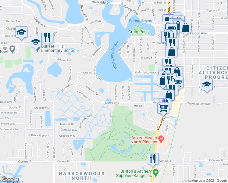 map of restaurants, bars, coffee shops, grocery stores, and more near 807 Carolina Avenue in Tarpon Springs