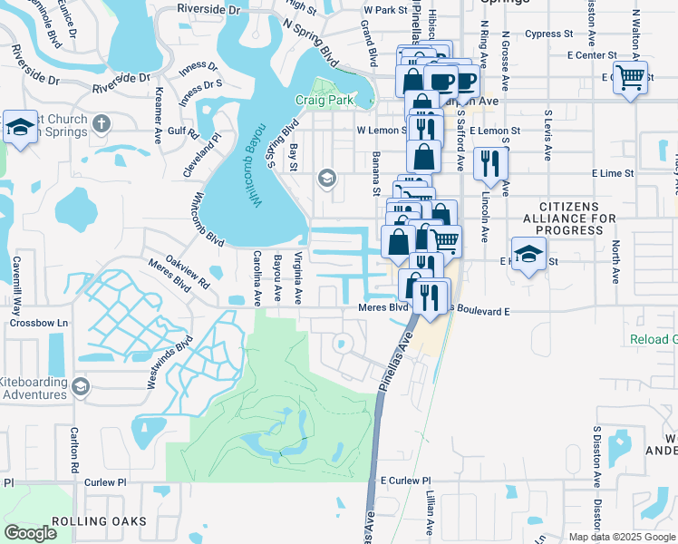 map of restaurants, bars, coffee shops, grocery stores, and more near 361 Moorings Cove Drive in Tarpon Springs