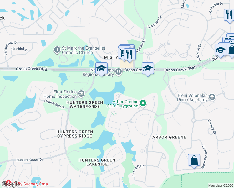 map of restaurants, bars, coffee shops, grocery stores, and more near Arbor Run Drive in Tampa