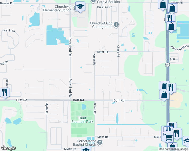 map of restaurants, bars, coffee shops, grocery stores, and more near 7709 Green Road in Lakeland