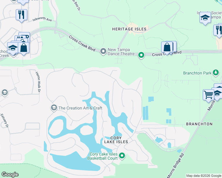 map of restaurants, bars, coffee shops, grocery stores, and more near 18038 Cozumel Isle Drive in Tampa