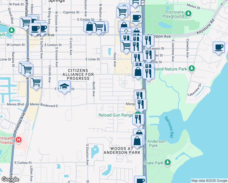 map of restaurants, bars, coffee shops, grocery stores, and more near 74 Rachel Drive in Tarpon Springs