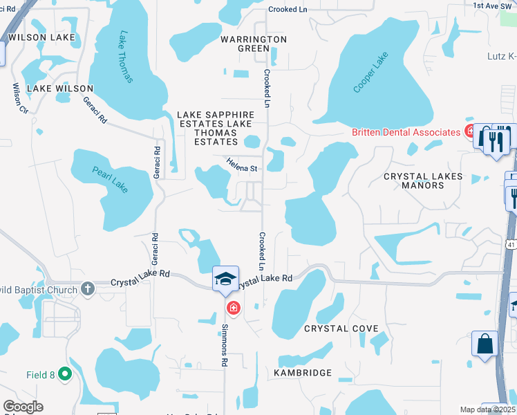map of restaurants, bars, coffee shops, grocery stores, and more near 18108 Crooked Lane in Lutz