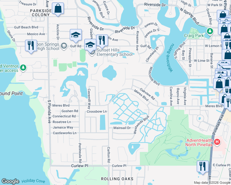 map of restaurants, bars, coffee shops, grocery stores, and more near 730 Hidden Lake Drive in Tarpon Springs