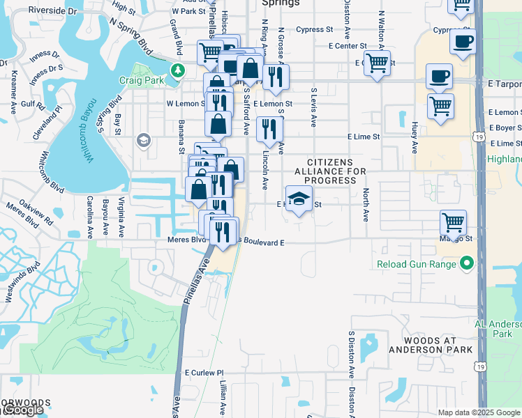 map of restaurants, bars, coffee shops, grocery stores, and more near 802 Lincoln Avenue in Tarpon Springs