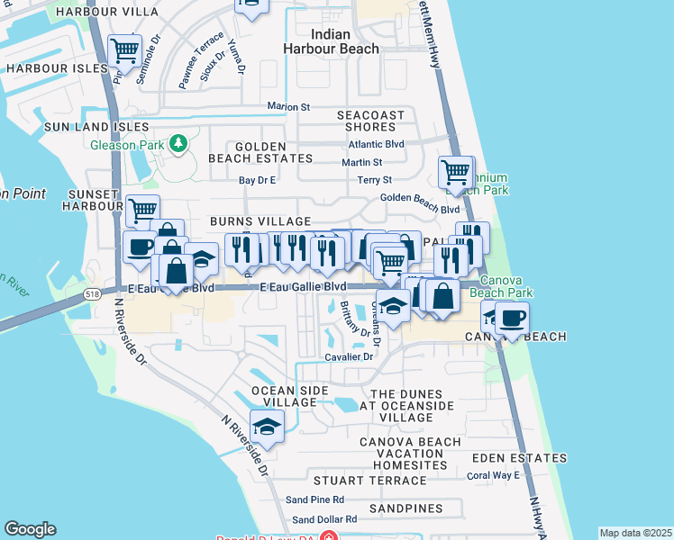 map of restaurants, bars, coffee shops, grocery stores, and more near 109 Bay View Drive in Satellite Beach