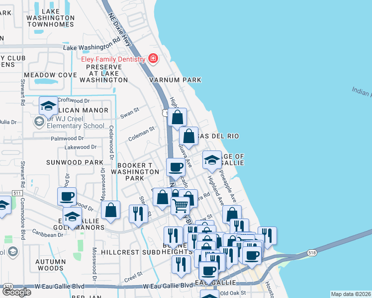 map of restaurants, bars, coffee shops, grocery stores, and more near 2034 Highland Avenue in Melbourne
