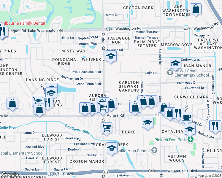 map of restaurants, bars, coffee shops, grocery stores, and more near 567 Ann Avenue in Melbourne