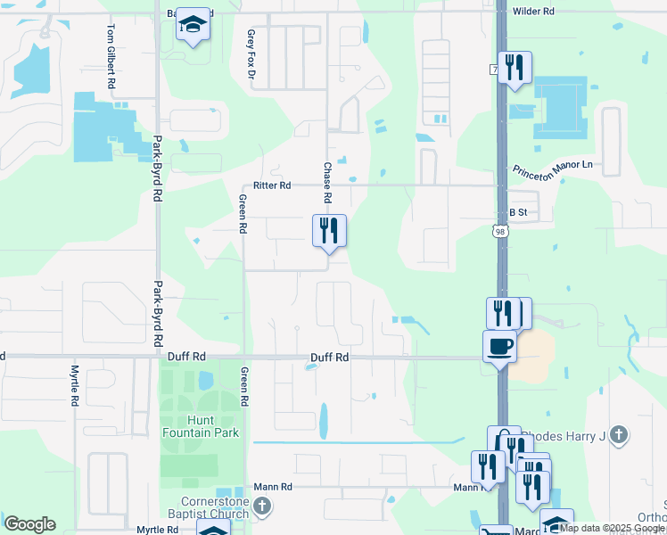 map of restaurants, bars, coffee shops, grocery stores, and more near 7662 Chase Road in Lakeland