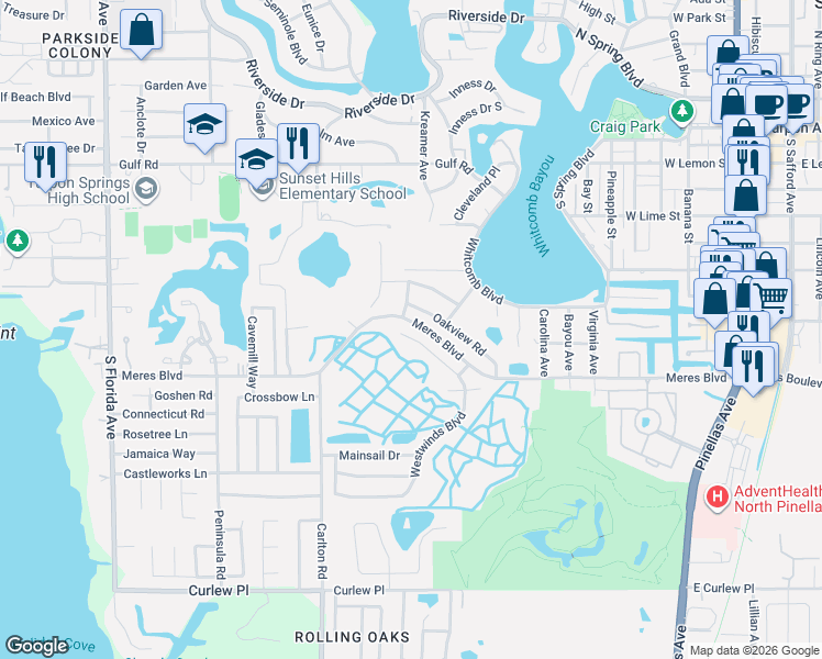 map of restaurants, bars, coffee shops, grocery stores, and more near 724 Woodmont Drive in Tarpon Springs