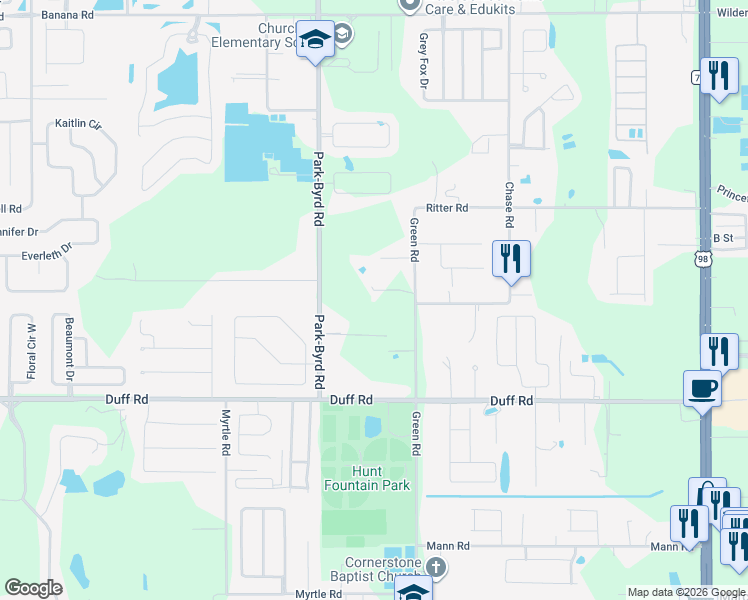map of restaurants, bars, coffee shops, grocery stores, and more near 7625 Park-Byrd Road in Lakeland