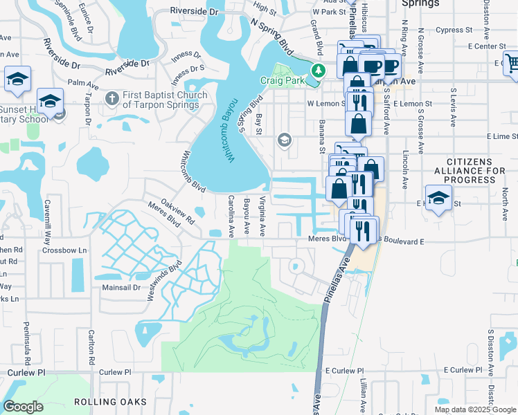 map of restaurants, bars, coffee shops, grocery stores, and more near 716 Virginia Avenue in Tarpon Springs
