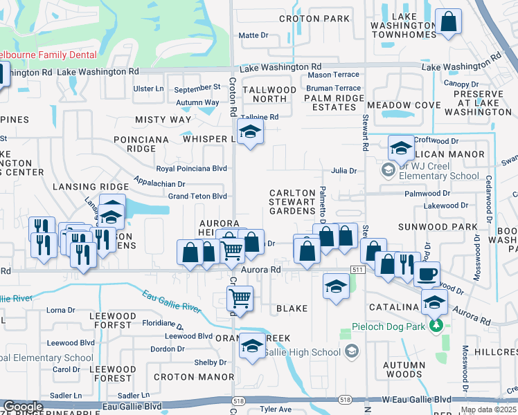 map of restaurants, bars, coffee shops, grocery stores, and more near 567 Ann Avenue in Melbourne