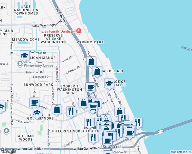 map of restaurants, bars, coffee shops, grocery stores, and more near 2034 Highland Avenue in Melbourne