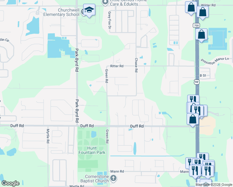 map of restaurants, bars, coffee shops, grocery stores, and more near 7612 Chase Road in Lakeland