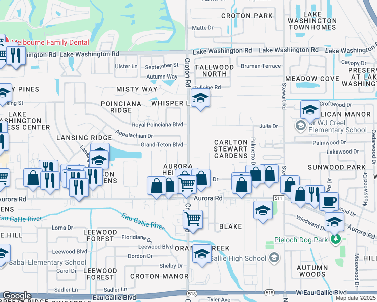 map of restaurants, bars, coffee shops, grocery stores, and more near 1979 Croton Road in Melbourne