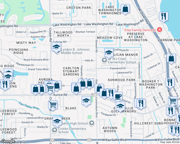 map of restaurants, bars, coffee shops, grocery stores, and more near 2028 Stewart Road in Melbourne