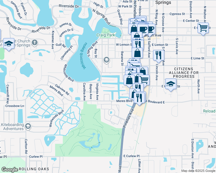 map of restaurants, bars, coffee shops, grocery stores, and more near 322 Manatee Lane in Tarpon Springs